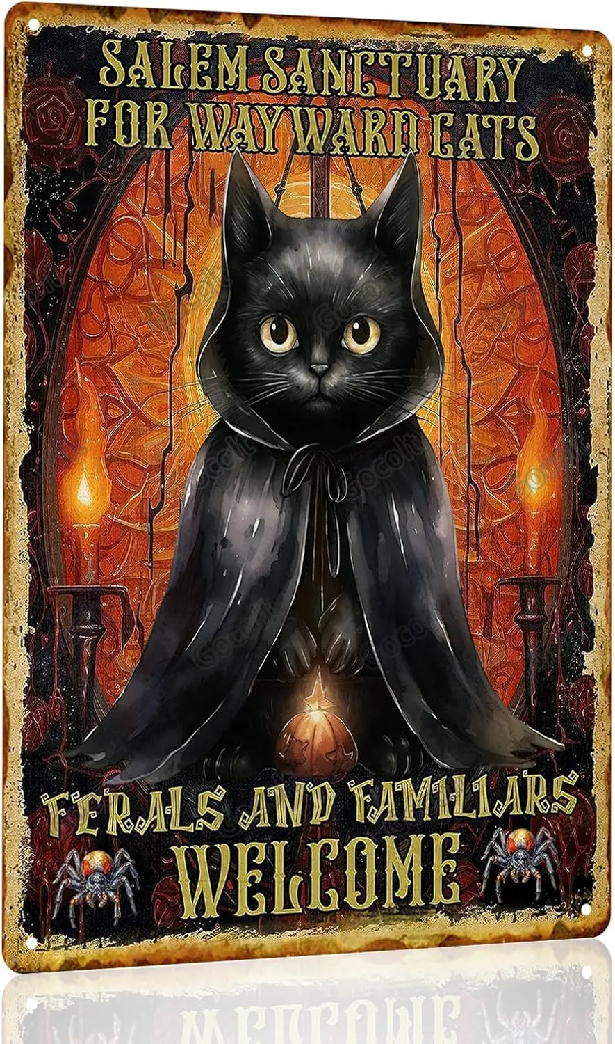 Vintage Halloween Black Cat Metal Signs Stray Cat Sanctuary Signs Feline Welcome Poster Home Wall Art Decor Metal Tin Signs