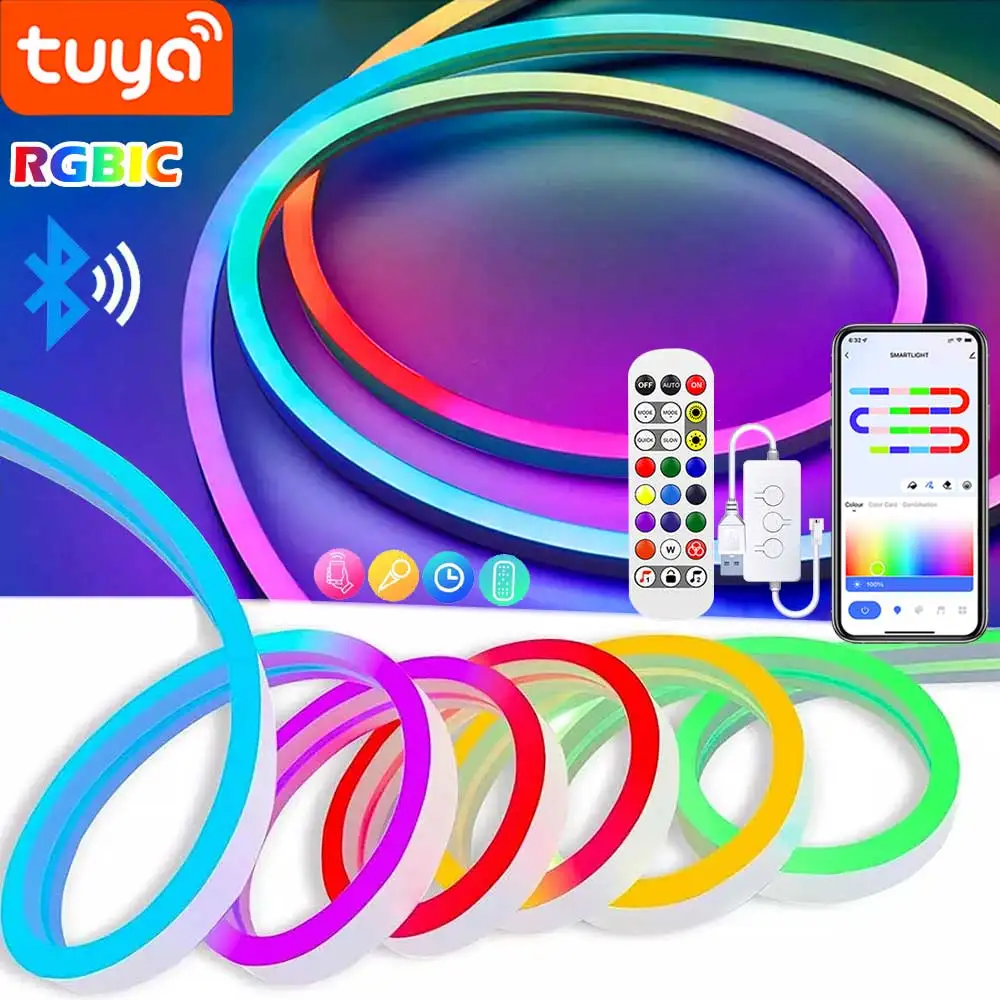 TUYA Neon LED Strip Lights 5V Neon Rope Light 72LEDs/M Silicone with Music Sync RGBIC Dreamcolor Chasing Strip Tape for Room