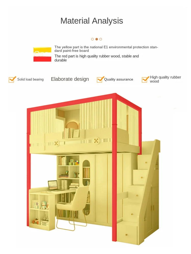 Bed, Desk, Two Layer Combination Bed, High and Low Bunk Bed with Wardrobe, Elevated Double Layer Children\'s Bed Wooden Bed