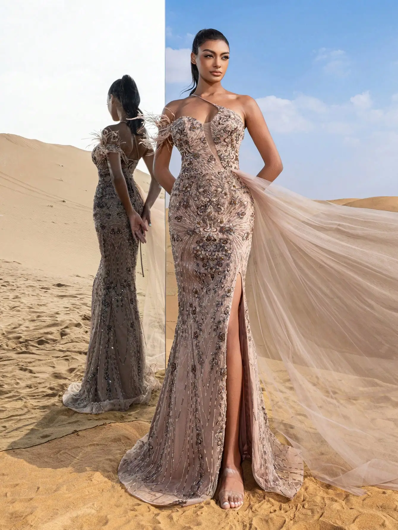 Gorgeous Asymmetrical Neck Draped Side Mermaid Hem Graphic Beaded Formal Dresses & Evening Gowns
