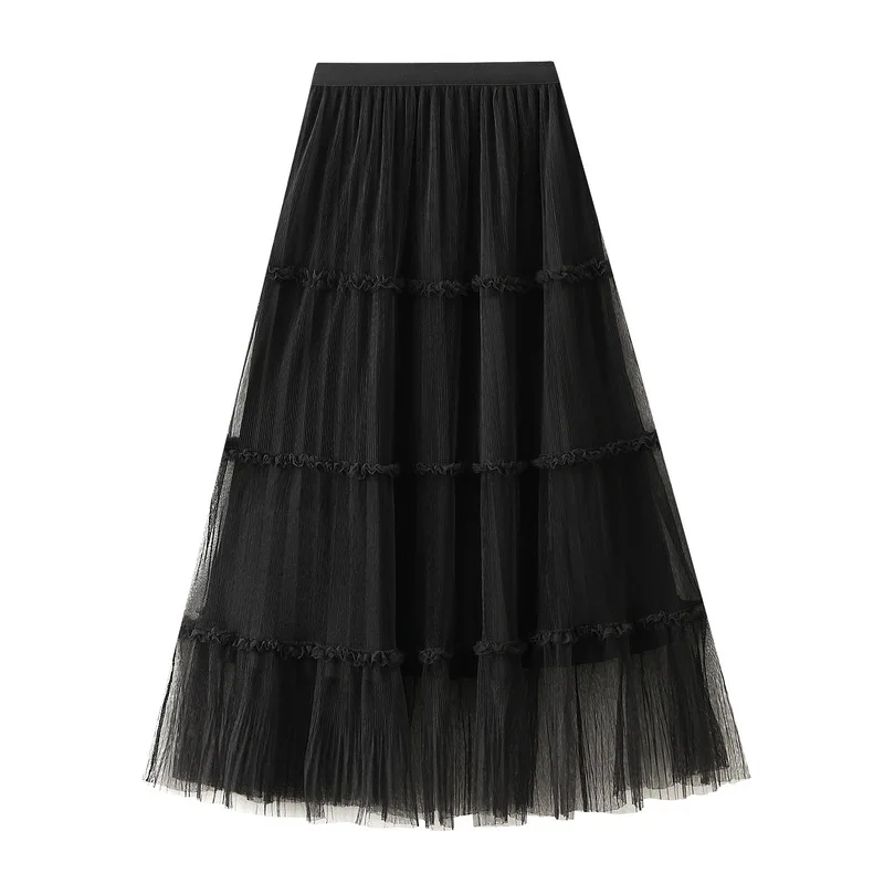 

Fashionable and versatile A-line skirt, fairy mesh half skirt, women's 2025 autumn new style, big swing long skirt, pleated skir