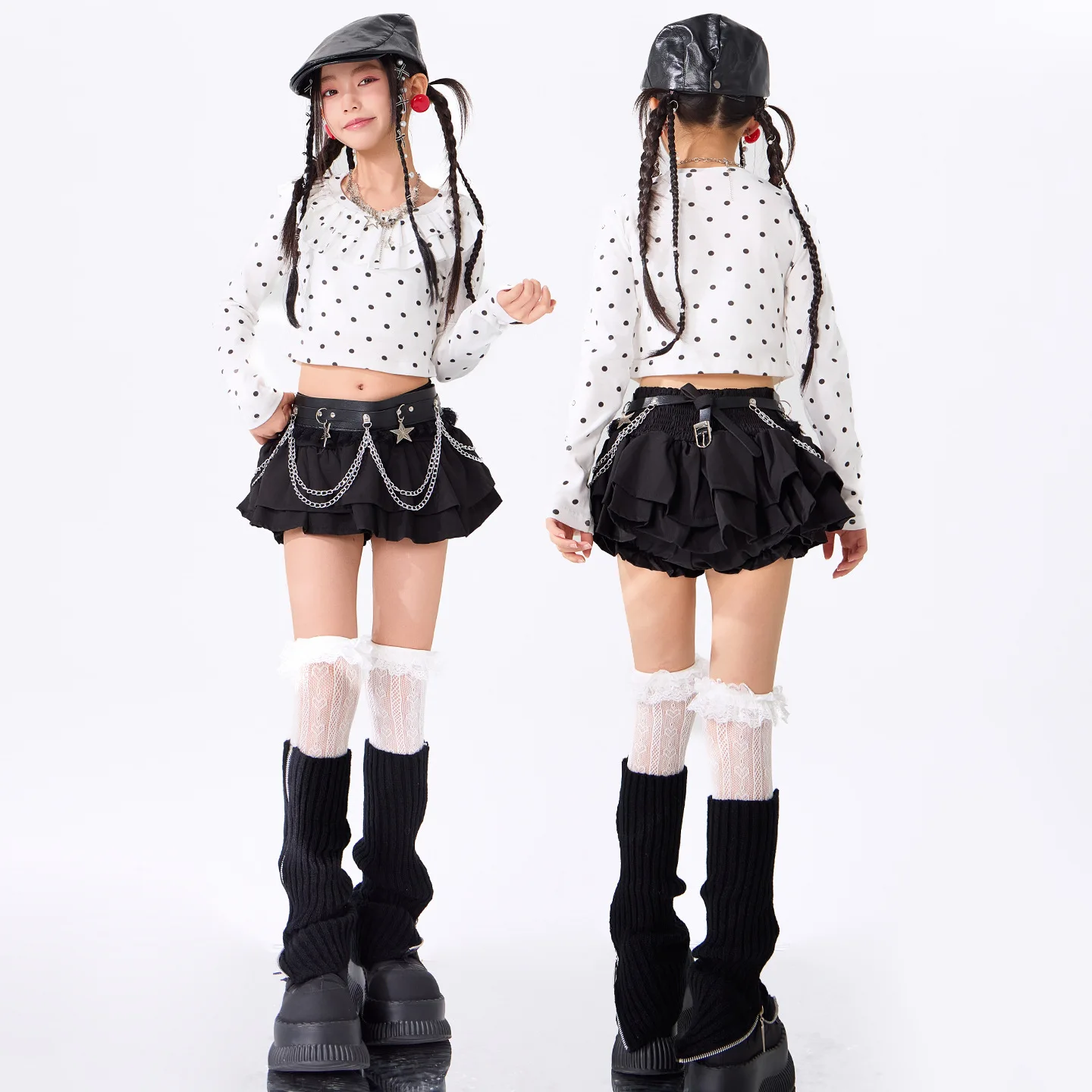 Girls K-pop Fashion Polka Dot Crop Top Goth Skirts Kids Hip Hop Jazz Clothes Sets Children Girl Group Street Dance Costumes