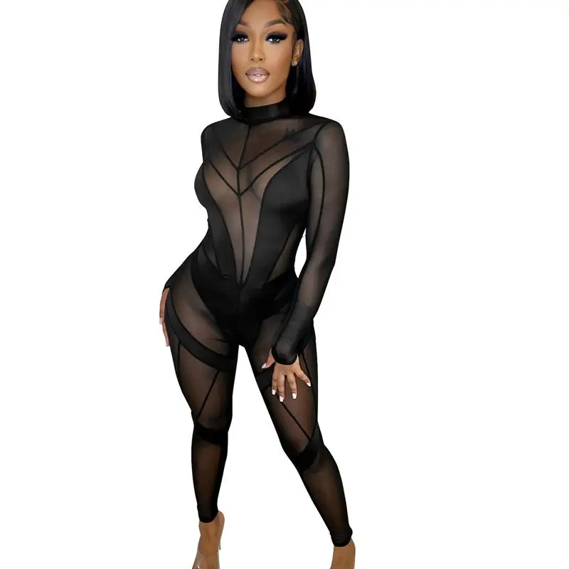 

New Style Mesh Patchwork Skinny Women Jumpsuit Autumn Winter Long Sleeve See Through Rompers Sexy Nightclub Party Outfits