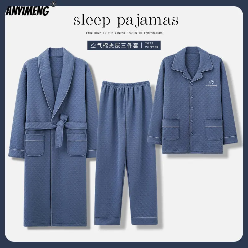 New Autumn Winter 3pcs Robe Gown Pajamas Plus Size 4XL Sleepwear Casual Pajamas+Robe Three Layer Cotton Black Nightwear for Men