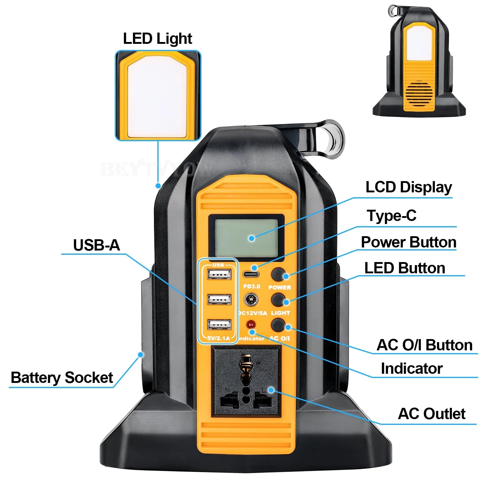Мощный инвертор 350 Вт для аккумулятора DeWalt 20 В 60 В, 4-портовой инвертор DC 20 В до AC 120V/220-230V Pure Sine Wave Inverter с 3 USB-A & 1-USB-C-портом, 300-литровый светодиодный свет для активности на открытом воздухе US/AU/EU/UK Plug DCB208 DCB204 DCB181 DCB182 DCB200 DCB203 DCB205 DCB201 DCB206 DCB205-2 DCB204-