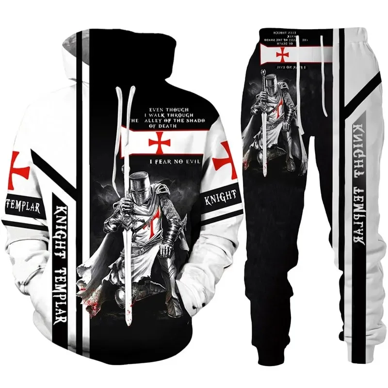Men's Hoodie Suit 3D Printing Retro Knight Templar Armor Men's Hoodie Casual Sportswear Sweatpants Two-Piece Suit