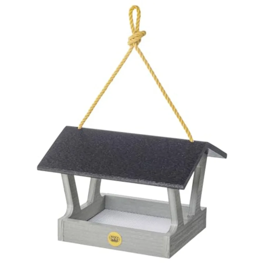 

Modern Farmhouse Fly-Thru Bird Feeder for outdoor use driftwood finish made from durable recycled materials with nylon hanging
