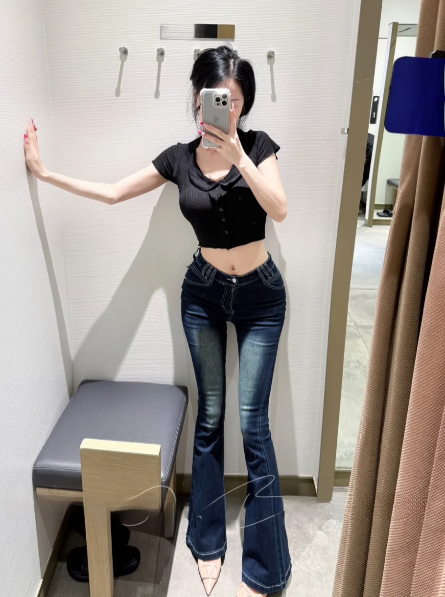 

Sexy High-Waist Flared Jeans Women's Slim Fit Elastic Butt-Lifting Deep Blue Retro Cotton Stretch Denim Long Trousers
