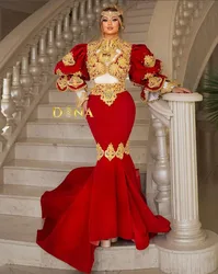 Red Velvet Mermaid Caftan Prom Dresses for Women Long Sleeve Luxury Applique samt kleid damen Evening Gown Albania customsized