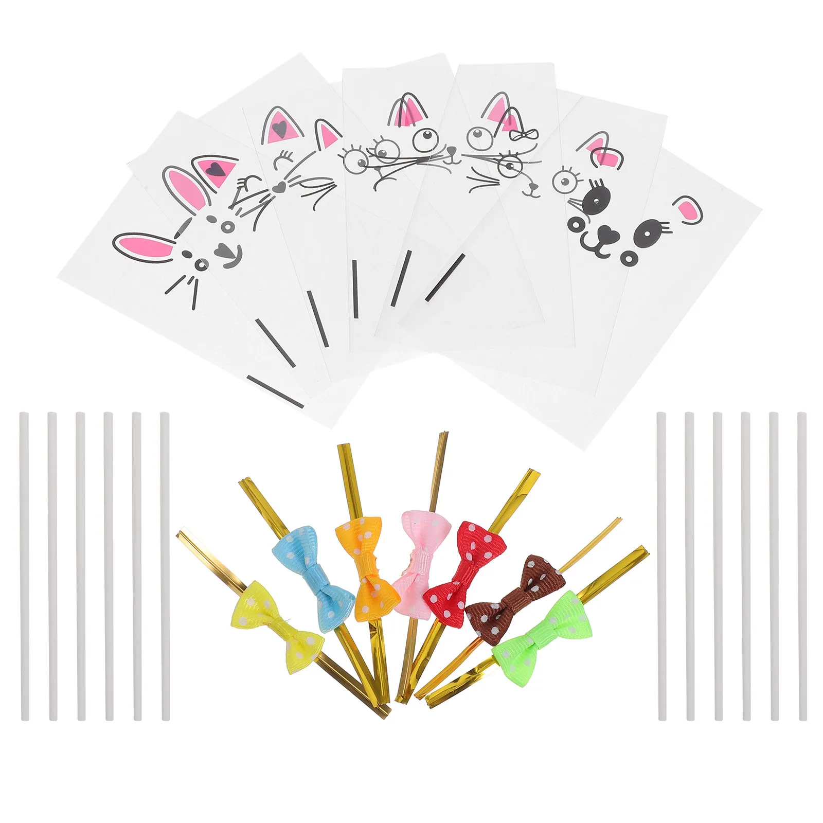 1Set Cat Expression Candy Making Kit DIY Candy Sticks Clear Treat Bags Twist Ties Cake Pop Sticks Cake Pop Wrappers Present