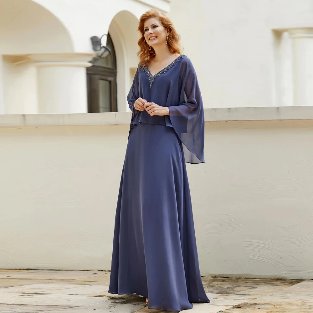 

Elegant Navy Blue Mother of the Bride Dresses V Neck A-Line Wedding Party Gowns Beadings Floor Length Chiffon فساتين السهرة