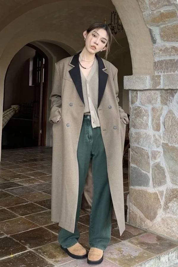 Gabardina para mujer perfil elástico mezclado Manteauching longitud media textura burdeos cubrir doble capa inclinada atractiva