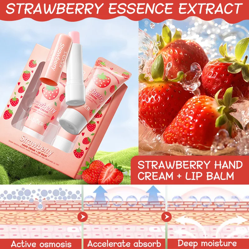 Hot Sale SADOER Strawberry Nourishing Hand Cream Lip Balm Set Autumn/Winter Hand Cream Lip Balm