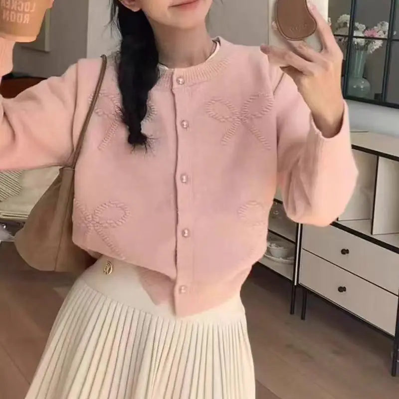

Korean Autumn and Winter New Small Fresh Gentle Sweet Wind Sweater Jacket Women's Simple Three-dimensional Bow Knitted Cardigan