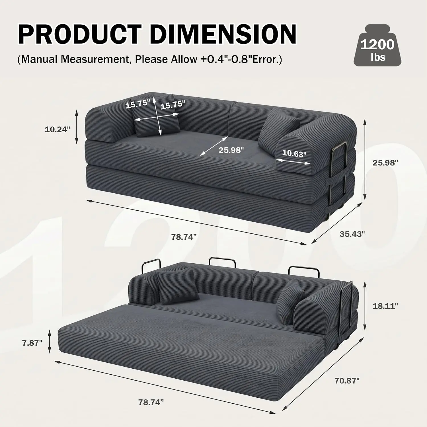 79'' Convertible Sleeper Sofa, 5-in-1 Corduroy Folding Couch Bed, Modular Floor Sofa for Living Room with Pull Out Bed, No