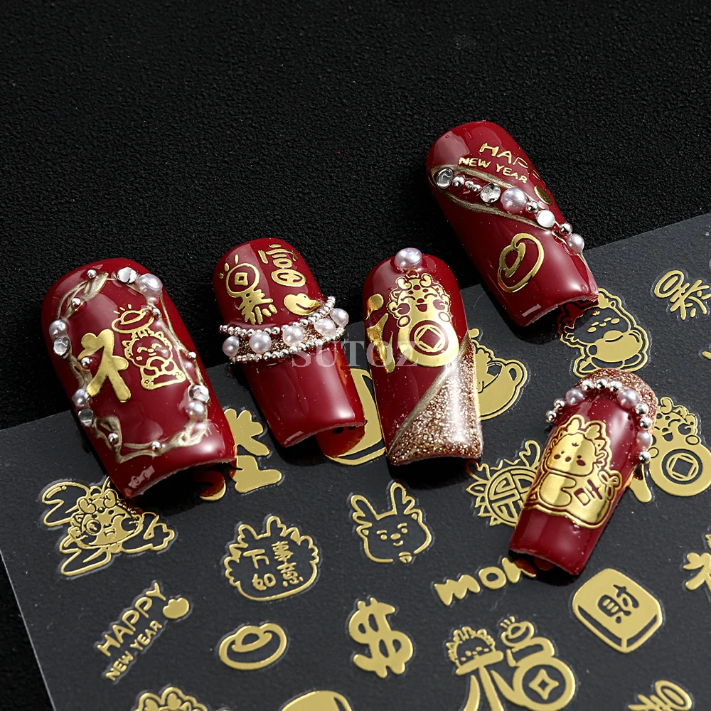 3D chinesische Neujahrs nagel aufkleber Gold Silber rot chinesische Charakter Zeichen Geld Mahjong Drachen Aufkleber Maniküre Deko NLSU-21