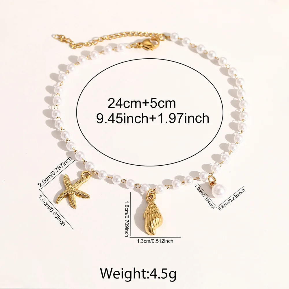 WG 1pc Stainless Steel Nautical Elements Faux Pearl Beads Shelle Conch Starfish Adjustable Anklet Jewelry