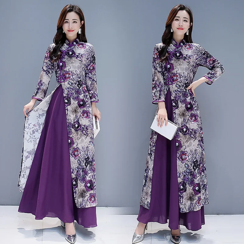 Purple Chinese Style Dress Cheongsam Women Modern Improve Eleganti Long Qipao Spring Autumn Vintage Female Vietnam Ao Dai  Dress