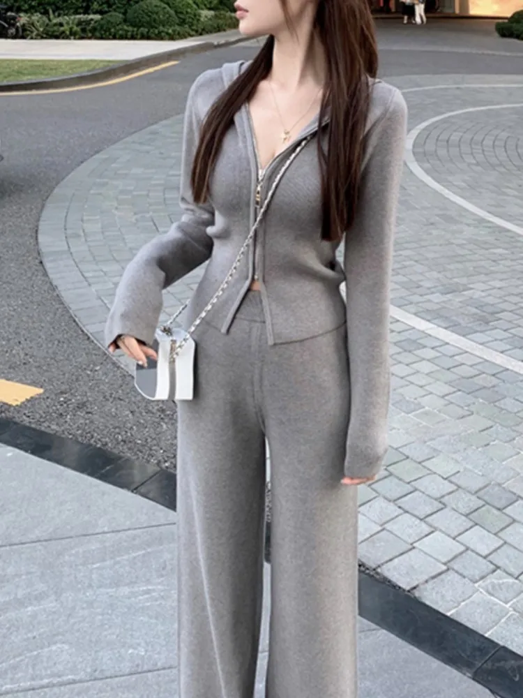 Women\'s Knitted Tracksuits Casual Hooded Jacket & High Waist Long Pants 2 Piece Set Femme Fashion Clothing Outfit