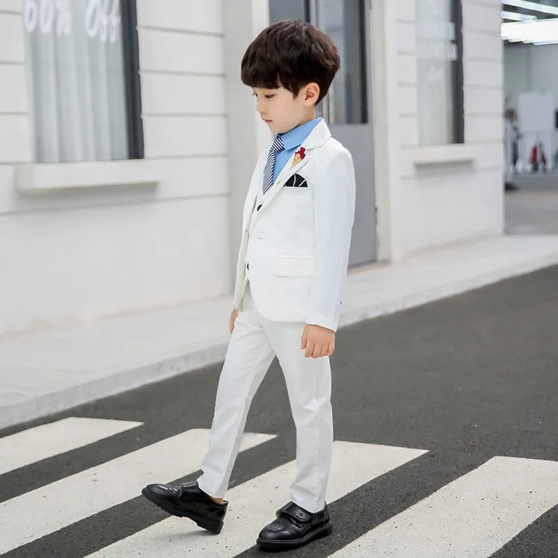 Children Formal Dress Suit Flower Boys White Blazer+Vest+Pant+Tie 4Pcs Outfits Kids Wedding Baptism Piano Performance Costume