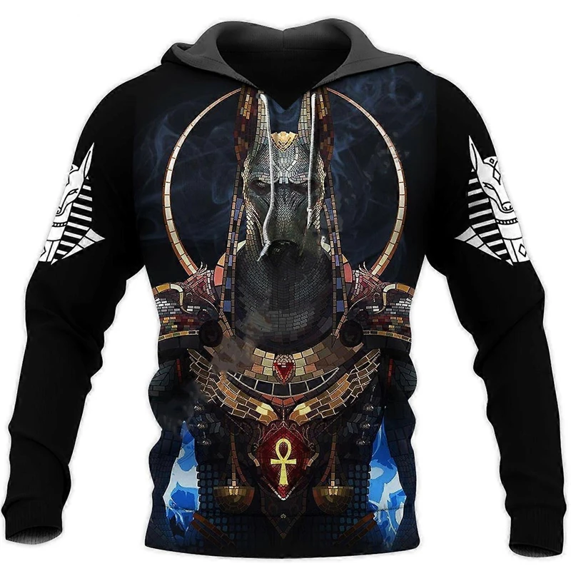 Men's Hoodie Ancient Egyptian Pharaoh Anubis Tattoo 3D Printing Pullover Sweatshirt Personality Streetwear Retro Graphic Hoodies