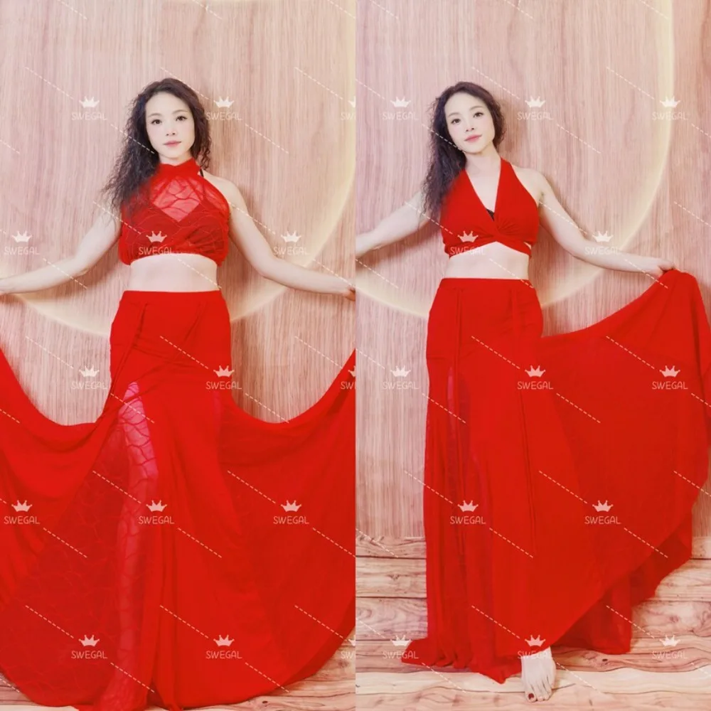 Customized Belly Dance Costumes Practice Outfit Eastern Dance Costume Big Red Insert Piece Big Swing Skirt Set