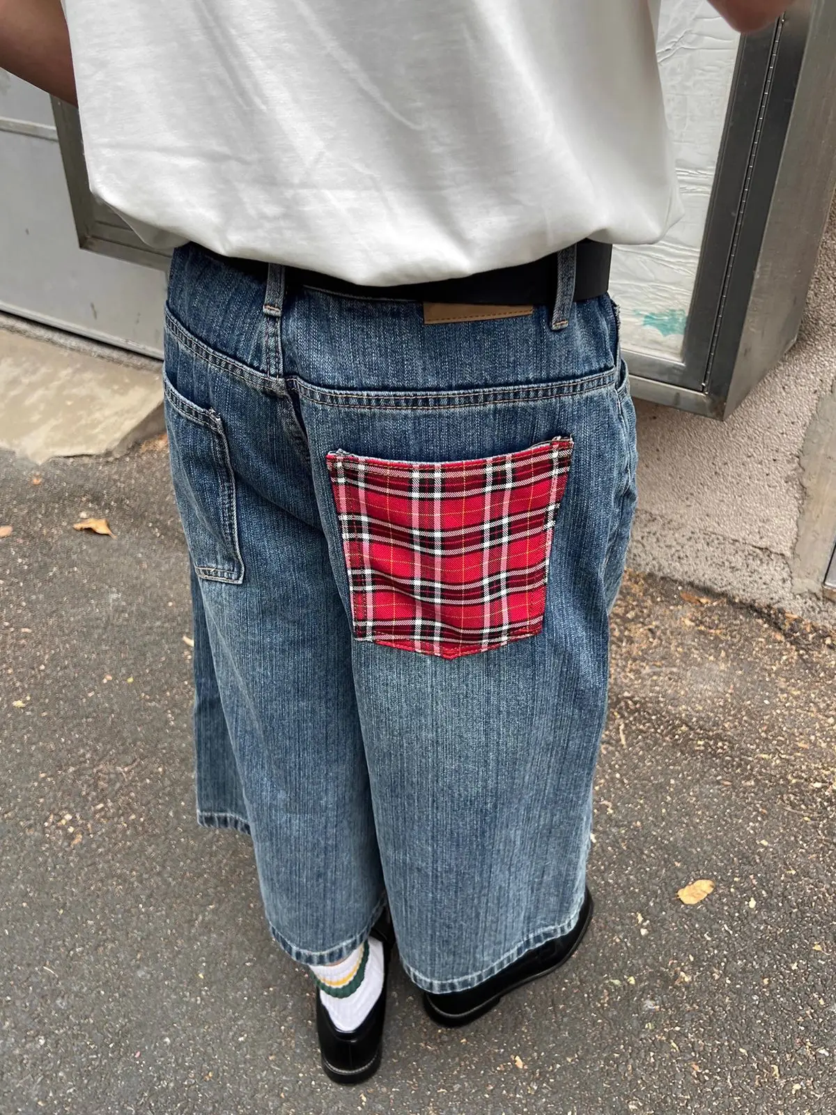 Men's Red Grid Splicing Summer Shorts Vintage Wide Leg Cropped Pants Cool Boy Casual Bottom Male High Waist Half Trousers