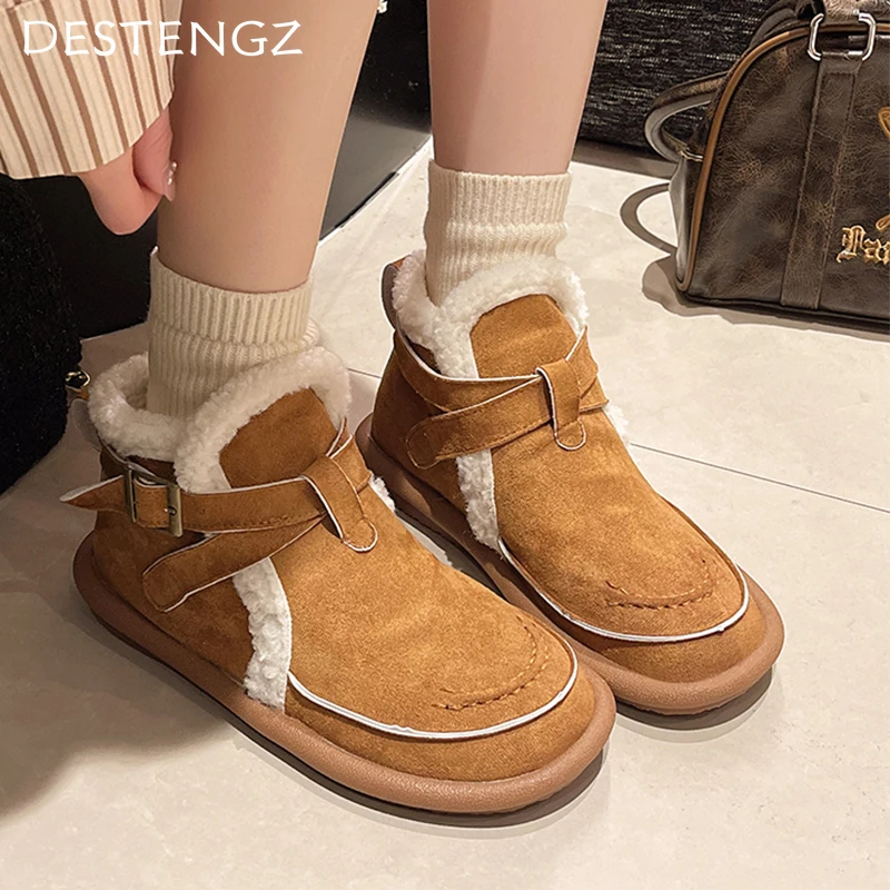 Flats Fur Women Ankle Boots Suede Warm Cotton Shoes Walking Winter Snow Boots Woman 2024 Trend Casual Short Plush Botas Mujer