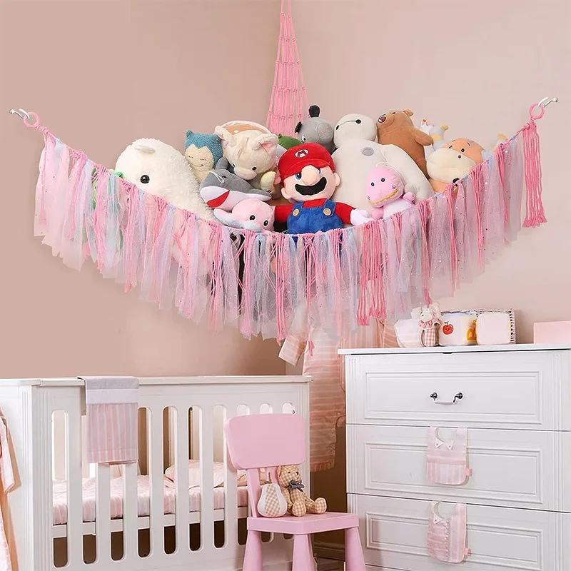 綿ロープ三角おもちゃネットポケット、手織りカラーリボン綿ロープ収納ネットポケット