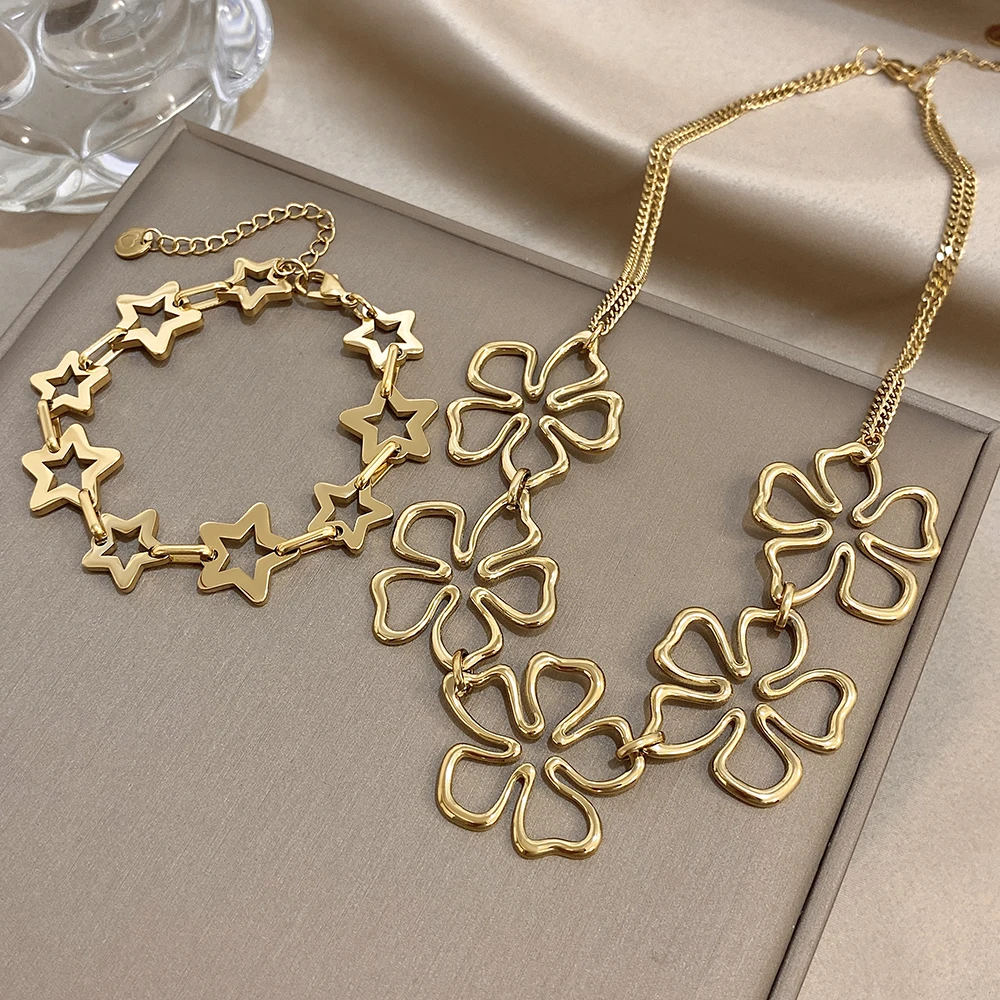 Greatera Charm ausgehöhlte Blume fünfzackiger Stern Halskette Armreif künstlerischer Edelstahl Damen wasserdichtes Armband Party