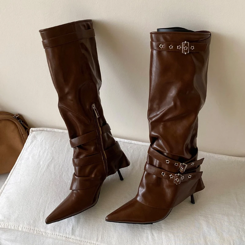 

High Heels Women's Long Boots Fashion Pointed Toe Shoes Knee High Winter Boots 2025 Designer Pumps Luxury Chelsea Botas Mujer