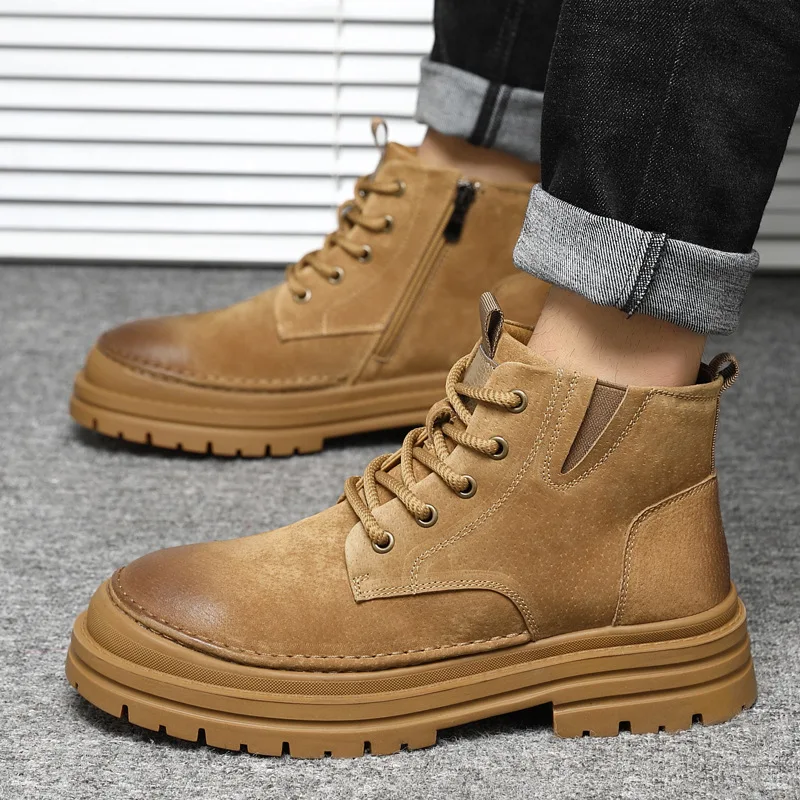 

Autumn Shoes for Men Genuine Leather Short Boots High Tops Casual Shoes Outdoor Cool Thick-soled Ankle Boots