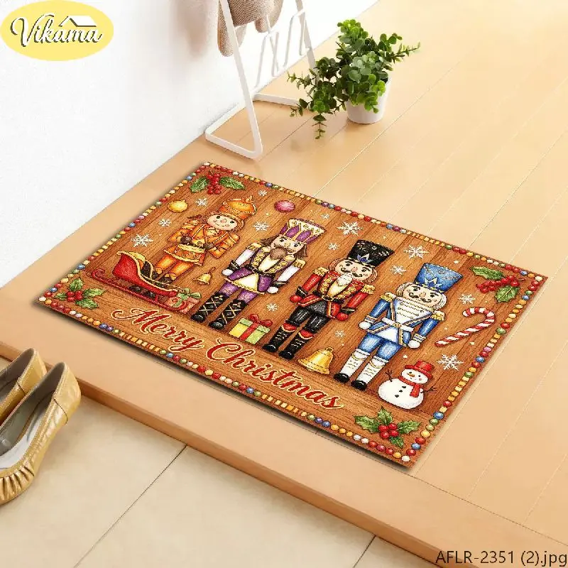 VIKAMA Christmas Doormat Nutcracker Sleigh Candy Cane Coir Entrance Doormat for Outdoor Front Door Porch Xmas Home Decor