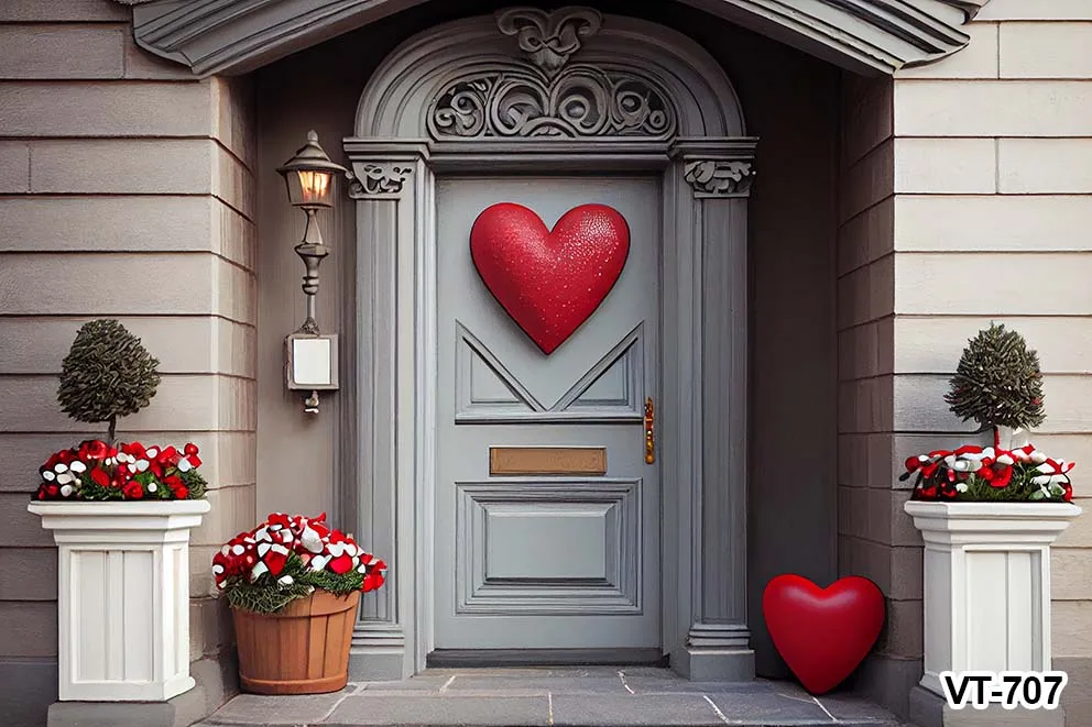 Happy Valentine's Day Photographic Backdrops Entrance Door Love Heart Decoration Plants Floral Party Birthday Newborn Background