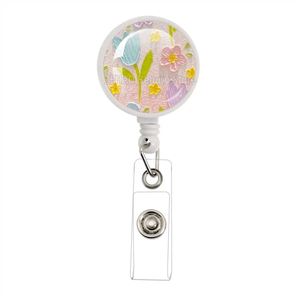 30mm Pink Oil Painting Series Glass Cabochon White Retractable Badge Reel Work Card Clip ID Name Card Tag Staff Card Badge JD002
