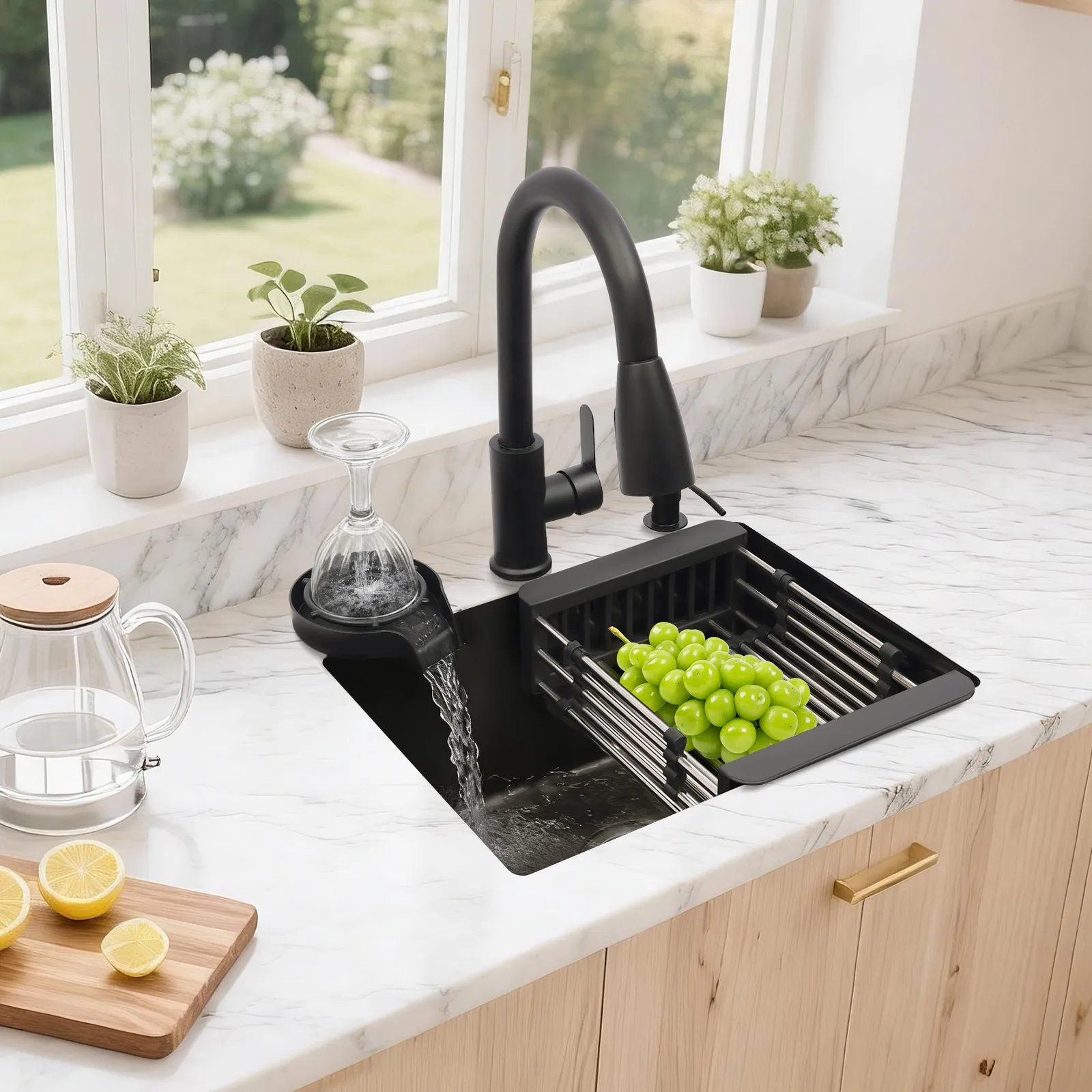 Fregadero de Cocina de Acero Inoxidable 201 con Grifo Extraíble, Dispensador de Jabón, Enjuagador de Tazas, 45x40cm, para Hogar, Restaurante, Bar, Hotel