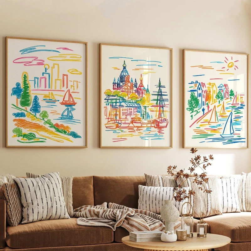 3pcs Colorful Coastal City Sketch Posters Frameless Canvas Art from Helsinki, Finland Home Decor for Living Rooms and Bedrooms