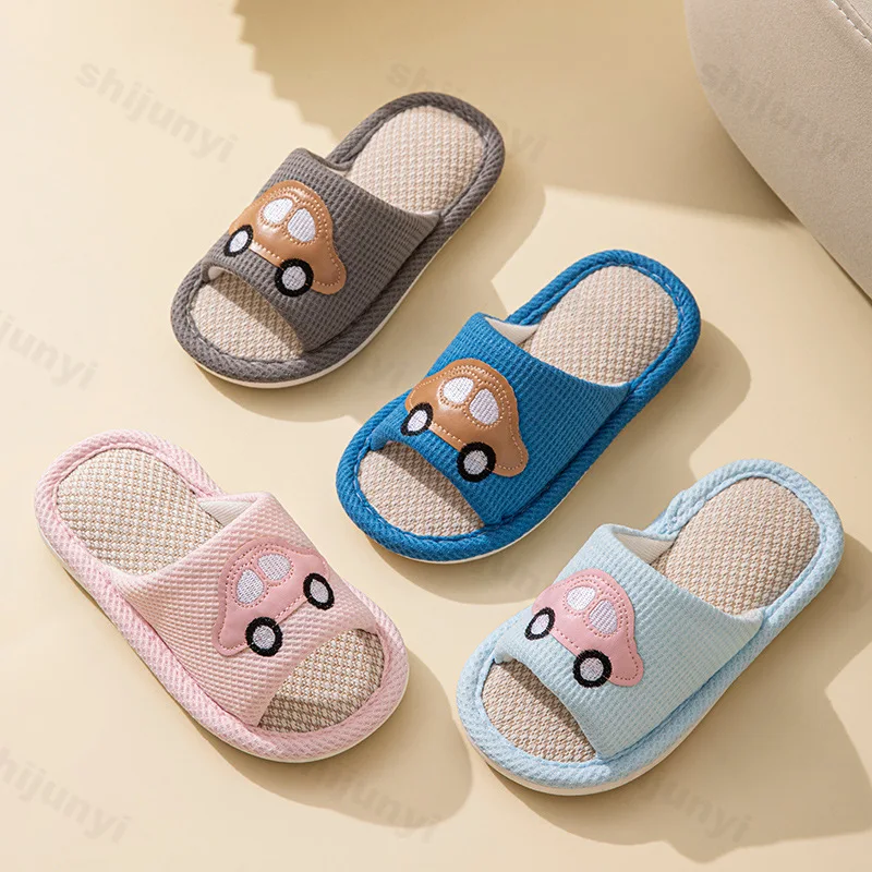 Children's Indoor Home Shoes Cartoon Car Spring Anti-slippery Open-toe Slippers Linen Floor Breathable Girls Boys House Slippers