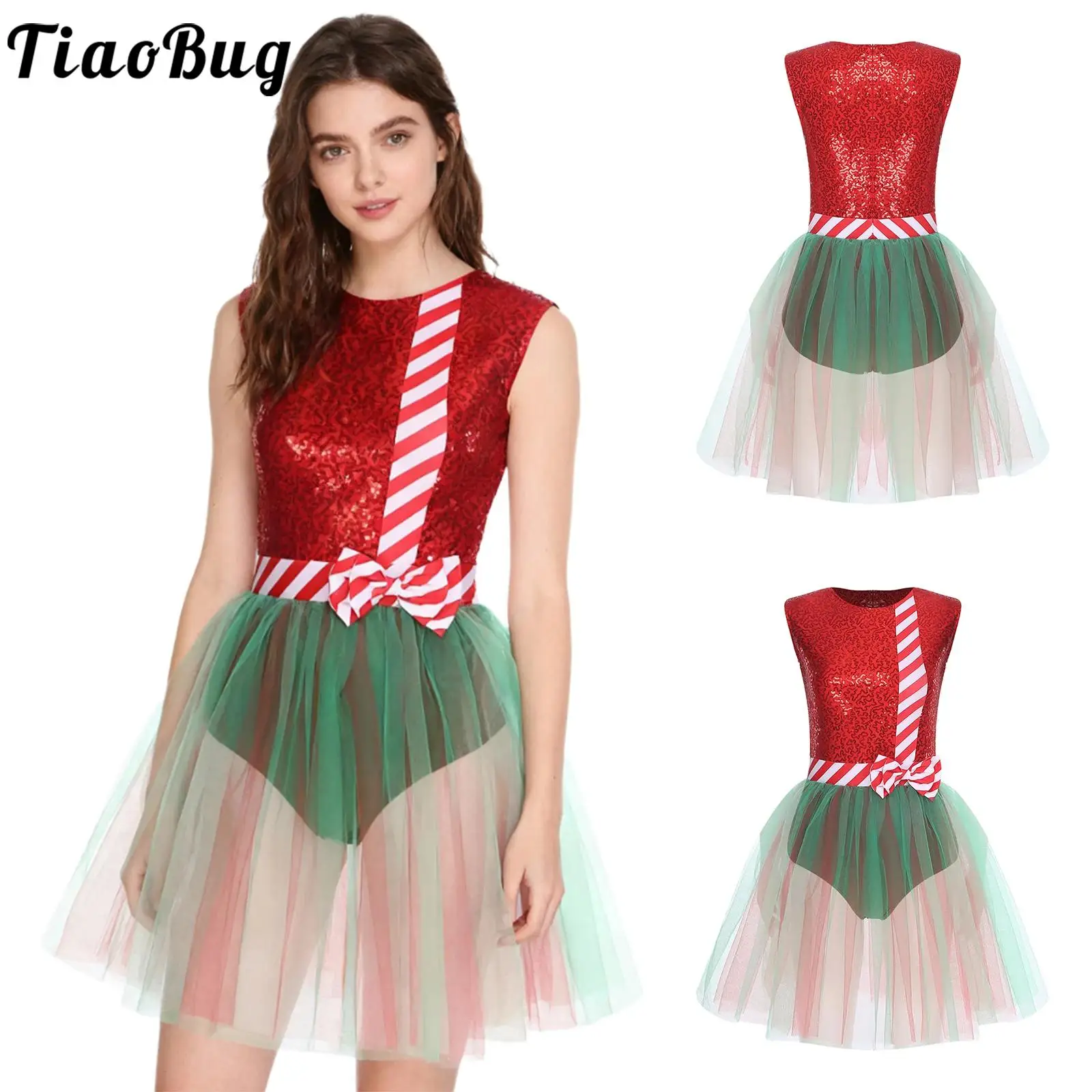 

Women Christmas Elf Tutu Costume Leotards Dress Sparkly Sequins Sleeveless Zipper Bow Mesh Puffy Dress for Festival Xmas Party