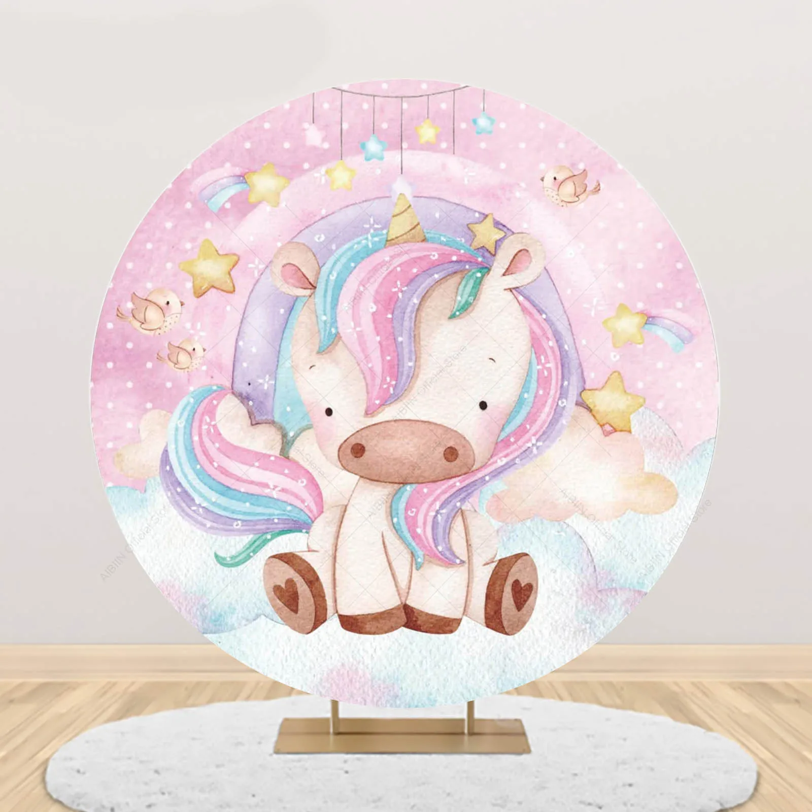 Unicorn Rainbow Round Backdrop Cover Cute Horse Stars Clouds Girls Birthday Baby Shower Party Decor Photography Background