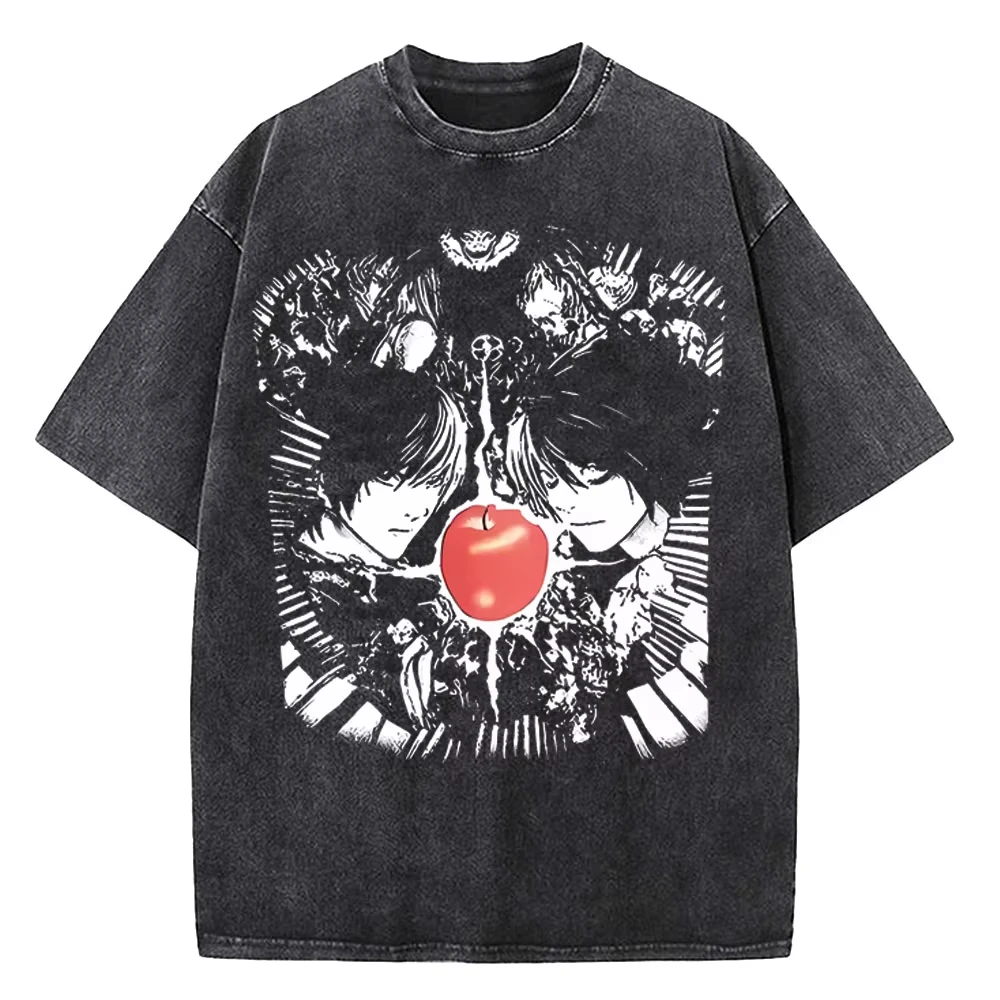 High Street Tops Harajuku Vintage Washed Death Note T Shirt Anime Graphic Printing Tops Cotton Y2k Oversized Streetwear Unisex
