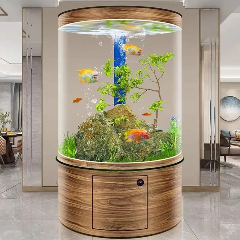 Cylindrical Glass Aquarium with Indoor Artificial Bottom Cabinet Sustainable 500L to 1000L Capacity