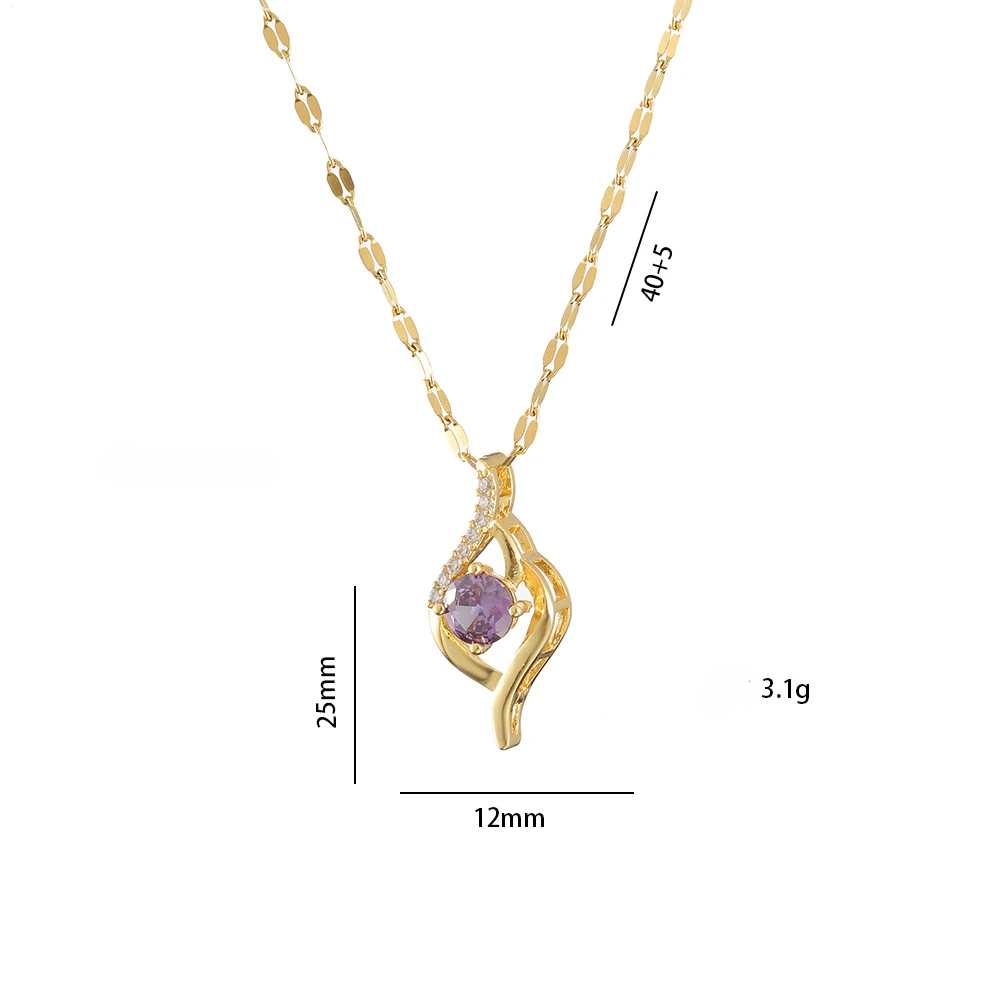 Elegant Stainless Steel Chain Classic Purple Stone Pendant Necklace for Women Lady Vintage Jewelry Daily Party Accessories Gifts