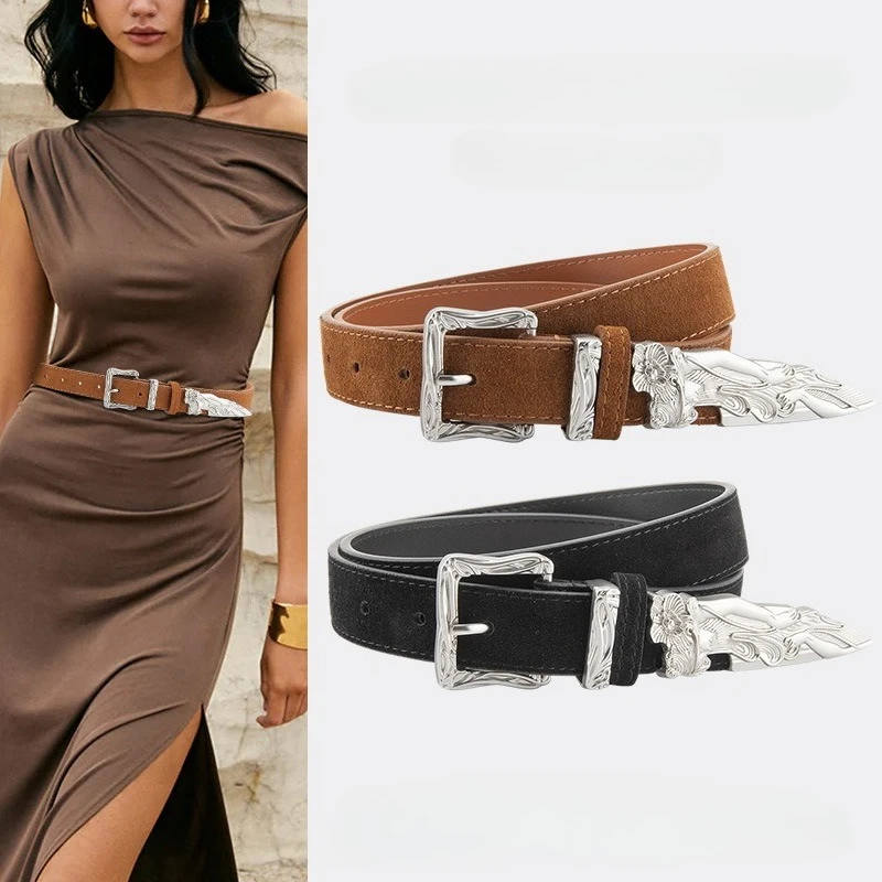 ファッショナブルなゴシックパンクヒップホップロックスタイルジーンズ-y2k-本革ベルト女性のベルトレトロ彫刻針バックル男性