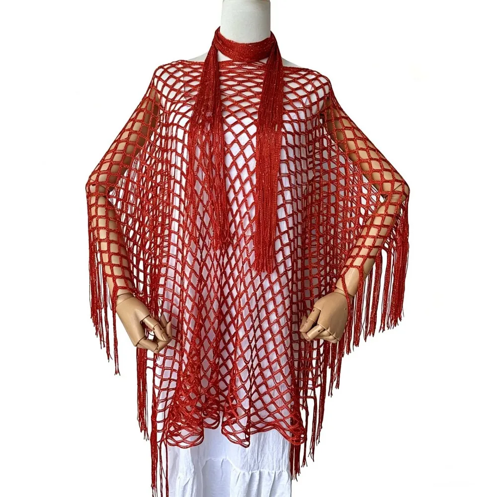 2pcs Shiny Shawl and Scarf Set Tassel Shawl Sun Protection Summer Sun Shawl Knitted Poncho Top Beach Blouse for Swimming