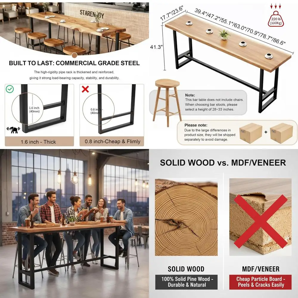 

Live Edge Pine Bar Table, 40-87 Long, Metal Legs, Industrial Style Counter Height