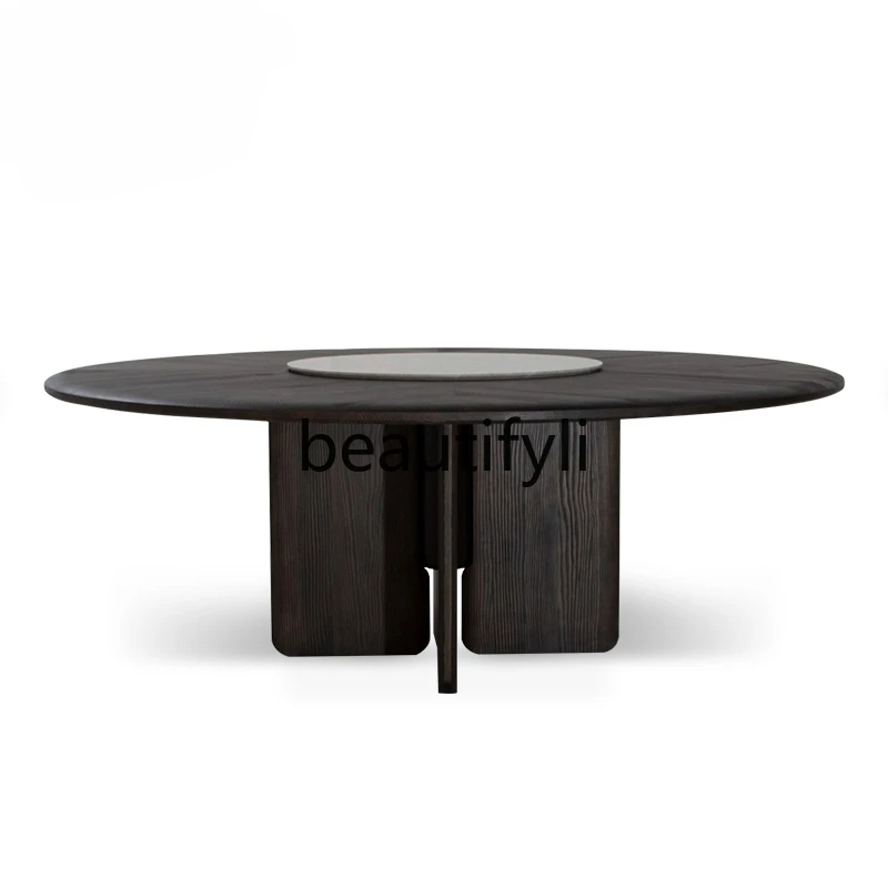 

Italian minimalist all solid wood oak dining table natural marble living room round rice table and chair combination