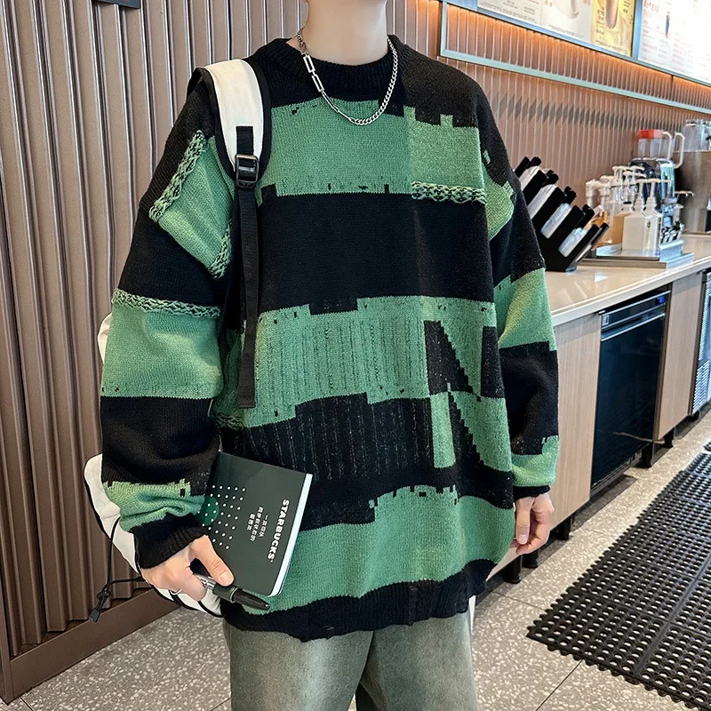 Y2k Striped Patchwork Crewneck Pullover Sweaters Men Loose Knitted Pullovers Streetwear Mens Oversized Korean Fashion Sweater