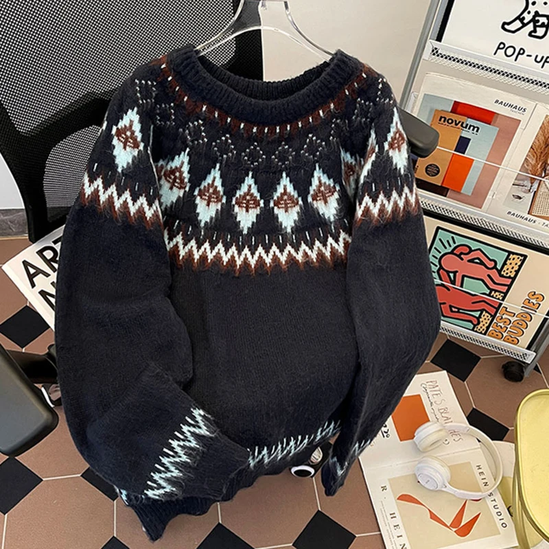 Fair Island Christmas Sweater Male Knitwear Autumn Winter Geometric Pattern Men's Round Neck Sweater Pullover New Thick Knitwear