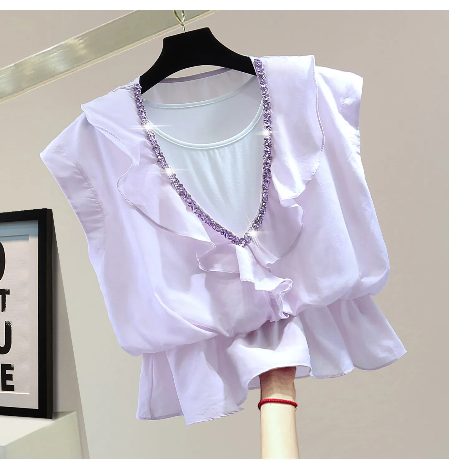 

Heavy Industry Diamond Fake Two-piece Sleeveless Shirt 2026 Summer Slimming Look Ruffles Waist Women's Pullover Top